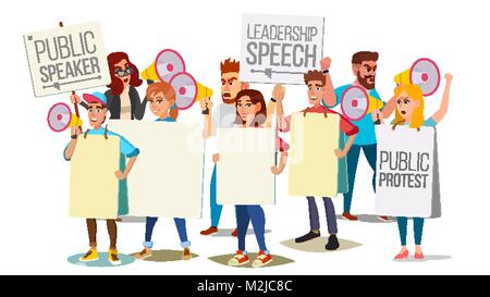 People Shouting Through Megaphone Vector. Public Protest. Social Activist. Loud Announcement. Demonstration, Protest, Strike, Speech Concept. Isolated Flat Cartoon Illustration Stock Vector