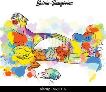 Colorful Mostar Bridge Bosnia-Hezegovina. Hand Drawn Vector Illustration, Paint Splatter Color Isolated on White Background. Business Travel and Touri Stock Vector