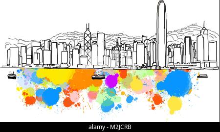 Colorful Hong Kong Skyline Sketch. Hand Drawn Vector Illustration, Paint Splatter Color Isolated on White Background. Business Travel and Tourism Conc Stock Vector