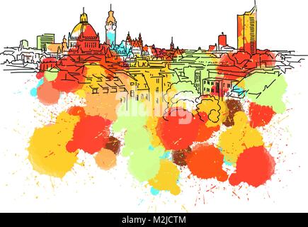 Colorful Leipzig Skyline Sketch. Hand Drawn Vector Illustration, Paint Splatter Color Isolated on White Background. Business Travel and Tourism Concep Stock Vector