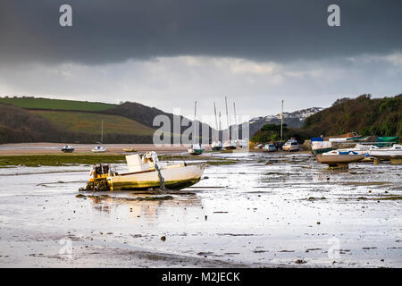 Various boats moored on the Gannel River in Newquay Cornwall. Stock Photo