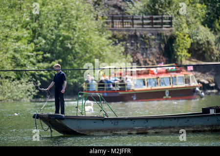 The hand-pulled cable ferry boat on the River Wye between Symonds Yat East and West, UK Stock Photo