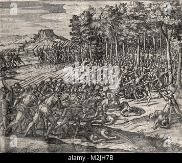 Theodor de Bry - Native Colombians Attack an Exploring Party of Spaniards and Kill Many of Them Stock Photo
