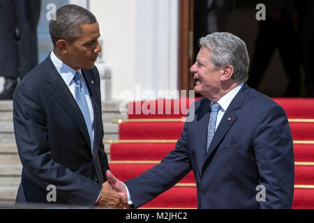 German President Joaquim Gauck receives US President Barack Obama in the Presidential Palace in Berlin. Stock Photo