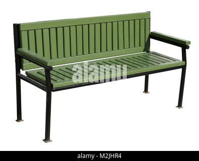 New green rest bench in summer public park.Isolated on white.  Frame made from metal. The seat and the back are made of wooden boards. Stock Photo