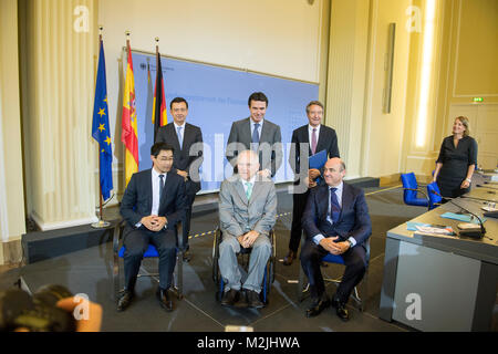 Press conference with German Finance Minister Wolfgang Schäuble, Federal Minister of Economics Dr. Philipp Rösler and its Spanish counterpart Luis de Guindos and Industry Minister Jose Manuel Soria, Stock Photo