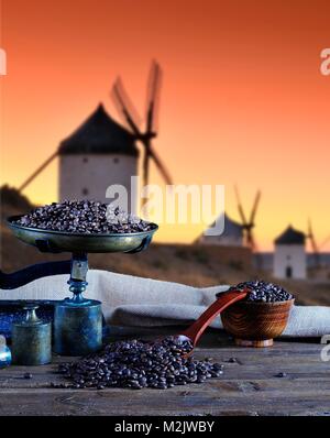 Coffee with scale and coffee beans bag in background. Stock Photo