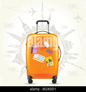 Trip round the world - travel poster, suitcase and world of landmarks Stock Vector