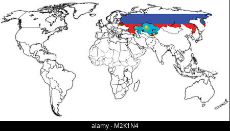 Eurasian Economic Union member countries flags on world map with national borders Stock Photo