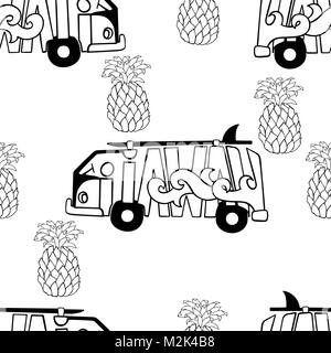 Aloha Hawaii seamless pattern. Surf bus and pineapples sketch. Vector illustration. Stock Vector