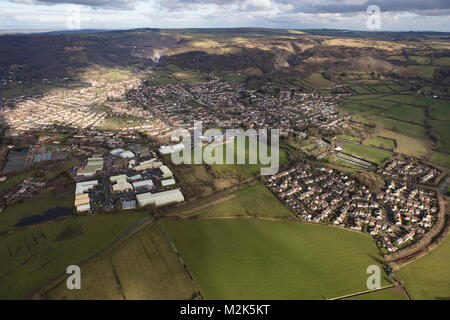 An aerial view of the Somerset village of Cheddar and surrounding countryside Stock Photo