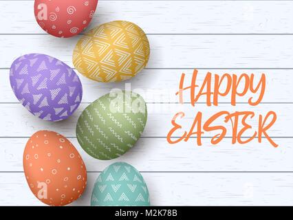 Happy Easter. Festive easter white wooden background. Easter colorful eggs in vertical line Stock Vector