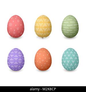 Happy Easter eggs. Set of whtie Easter eggs with different simple textures on golden white background isolated Stock Vector