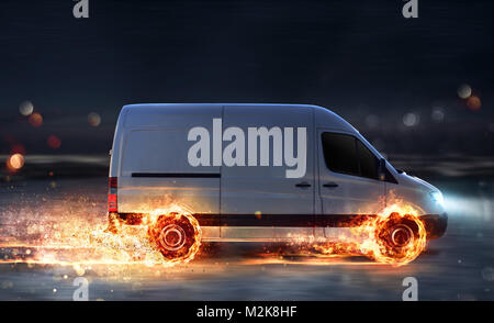 Super fast delivery of package service with van with wheels on fire Stock Photo