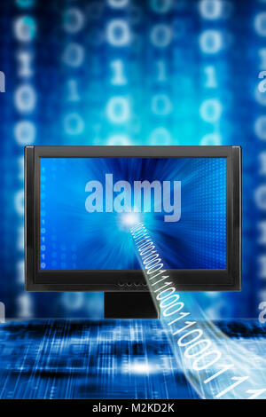 monitor with binary digits coming out of it, Internet broadband concept Stock Photo