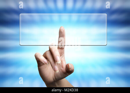 female finger pushing a clear button on a screen , secure access concept Stock Photo
