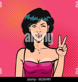 Happy girl shows hand gesture, victory sign. Portrait of beautiful young woman in pop art retro comic style. Cartoon vector illustration Stock Vector