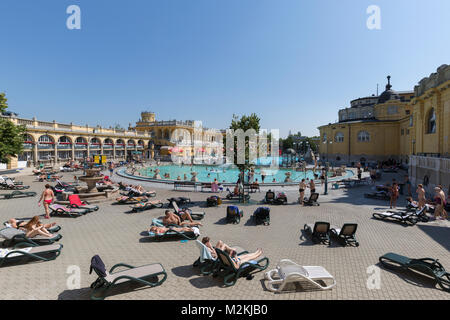 Outside pool of the popular thermal bath, szechenyi in Budapest,Hungary. Stock Photo