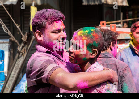 New Delhi, India, March 3 2017: People celebrating the famous and coloful Holi Festival in New Delhi, India Stock Photo