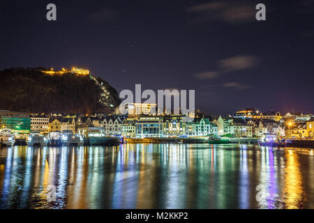 ALESUND, NORWAY- January 05, 2018: View of the Aksla hill in Alesund by night. It is a sea port, and is noted for its concentration of Art Nouveau arc Stock Photo