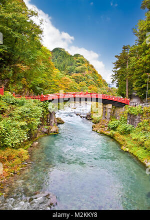 Red sacred bridge Shinkyo in Nikko, Japan. Stock Photo