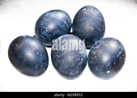 Black boiled eggs in mineral water at Owakudani valley ( volcanic valley with active sulphur vents and hot springs in Hakone, Kanagawa Prefecture, Jap Stock Photo