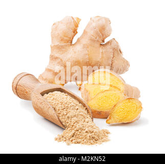 Fresh ginger root and dry powder isolated on white Stock Photo