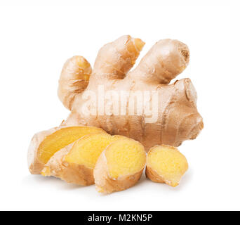 Ginger root with slices isolated on white Stock Photo