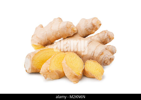 Ginger root with slices isolated on white Stock Photo