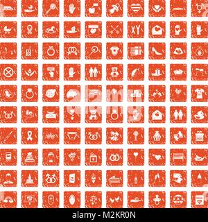 100 love icons set grunge orange Stock Vector