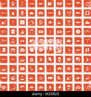 100 luggage icons set grunge orange Stock Vector
