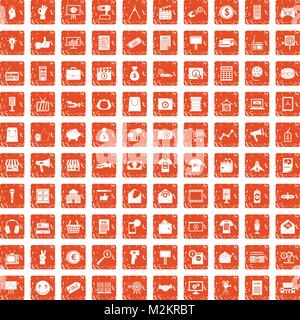 100 marketing icons set grunge orange Stock Vector