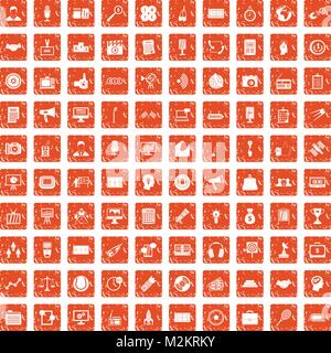 100 media icons set grunge orange Stock Vector