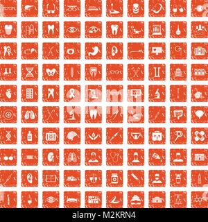 100 medical icons set grunge orange Stock Vector