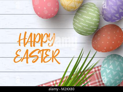 Easter colorful decorated eggs. Happy Easter. Festive white wooden background. Table cloth, herbs wisp, text, Stock Vector