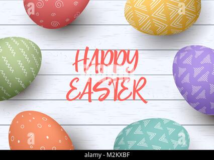 Happy Easter reel. Easter colorful eggs in circle with different simple ornaments. Easter theme on white wooden background Stock Vector