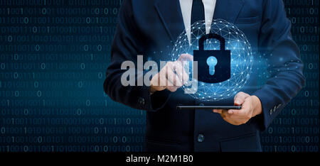 Hand businessman the press lock binary code, cyber security concept.Communication world Stock Photo