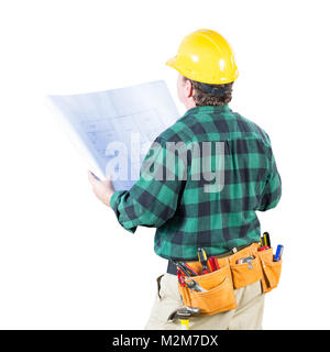 Male Contractor with Hard Hat and Tool Belt Looking Away Isolated a a White Background. Stock Photo