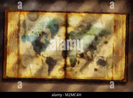 Painting. World map in ancient book. Stock Photo