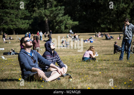 The Great American Eclipse as viewed in Silver Falls State Park, Silver Falls, OR, USA Stock Photo