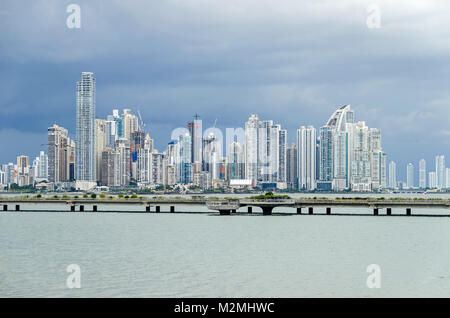 Panama City, Panama - November 3, 2017: Construction boom in Panama City.  Skyline of Panama City on a cloudy day with modern buildings. View from Cin Stock Photo