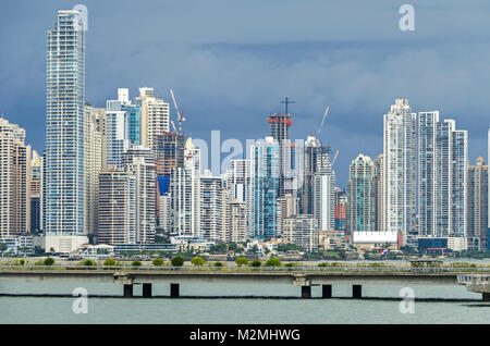 Panama City, Panama - November 3, 2017: Construction boom in Panama City.  Skyline of Panama City on a cloudy day with modern buildings. View from Cin Stock Photo