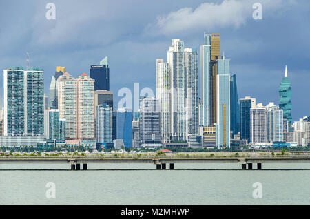 Panama City, Panama - November 3, 2017: Skyline of Panama City on a cloudy day with modern buildings, the F&F Tower, Tower Bank and Bicsa Financial Ce Stock Photo