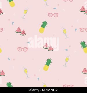 Pink and cute tropical pattern with watermelons, pineapples, sunglesses, cocktails and little triangles in pastel color. Stock Vector