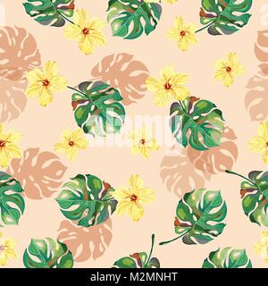 Seamless tropical pattern with mostera deliciosa and jamaica flowers in green and pastel pink colors. Stock Vector