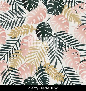 Seamless tropical pattern with mostera deliciosa and palm leaves in green, golden and pastel pink colors. Stock Vector