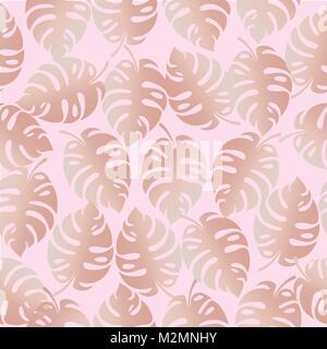 Seamless tropical pattern with mostera deliciosa in pastel pink colors. Stock Vector