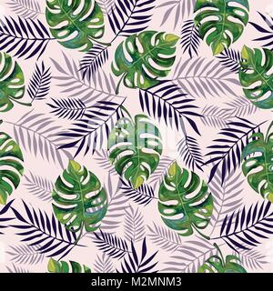 Seamless tropical pattern with mostera deliciosa and palm leaves in green, blue and pastel pink colors. Stock Vector