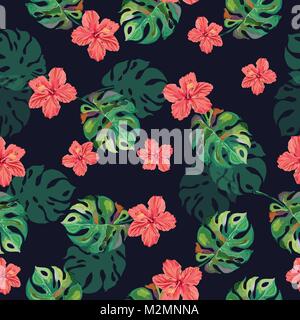 Seamless tropical pattern with mostera deliciosa and jamaica flowers in green and fuschia. Stock Vector