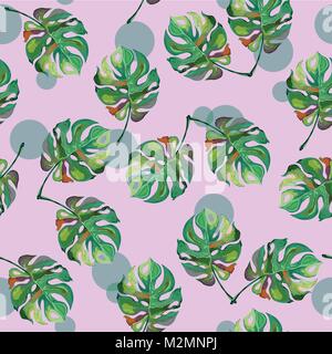 Seamless tropical pattern with mostera deliciosa and dots in green and pastel pink colors. Stock Vector